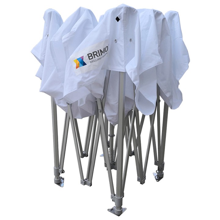 Ανοιγμένο λευκό πλαίσιο (αράχνη): Λευκό ψαλιδωτό πλαίσιο από χάλυβα σε διαδικασία ανοίγματος, που απεικονίζει τον απλό και γρήγορο μηχανισμό ανέγερσης ενός επαγγελματικού καταφυγίου.