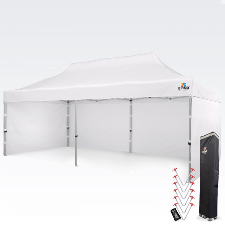 Λευκή σκηνή: Πολύχρηστη λευκή πτυσσόμενη σκηνή με πλευρικά τοιχώματα, καθαρή κλασική επιλογή ιδανική για υγειονομικό προσωπικό, catering, γαμήλιες δεξιώσεις ή πώληση.