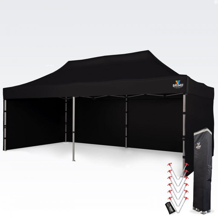 Μαύρη σκηνή (ολοκληρωμένη): Μεγάλη μαύρη αναδιπλούμενη σκηνή με πλήρη πλευρικά τοιχώματα για μέγιστη ιδιωτικότητα, προστασία εμπορευμάτων ή εξοπλισμού από τις καιρικές συνθήκες.